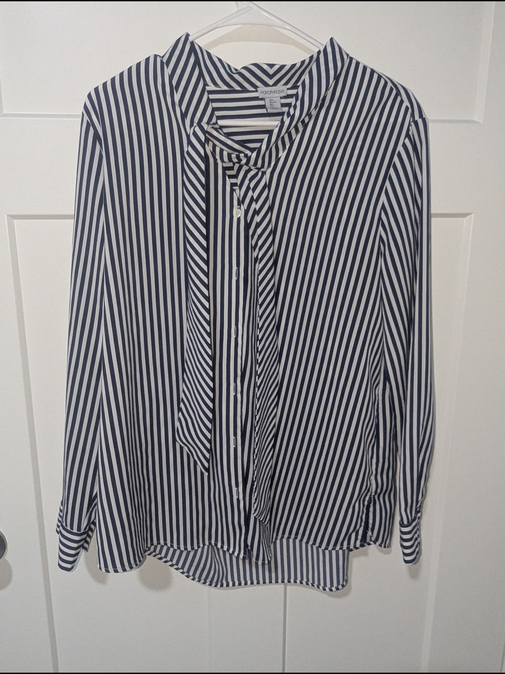 Paraphrase Navy and White Striped Tie-Neck Blouse